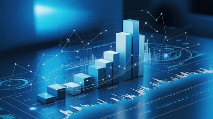 Abstract depiction of a financial growth chart, illustrating progress and statistical data. The chart, with its ascending bars, is overlaid with a network of lines and points.