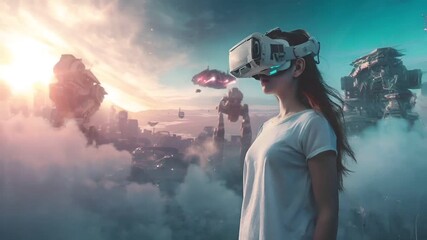 Apex Legends digital artwork featuring a woman wearing a virtual reality headset amidst a futuristic landscape. The woman is depicted with a focused expression, wearing a white tshirt.