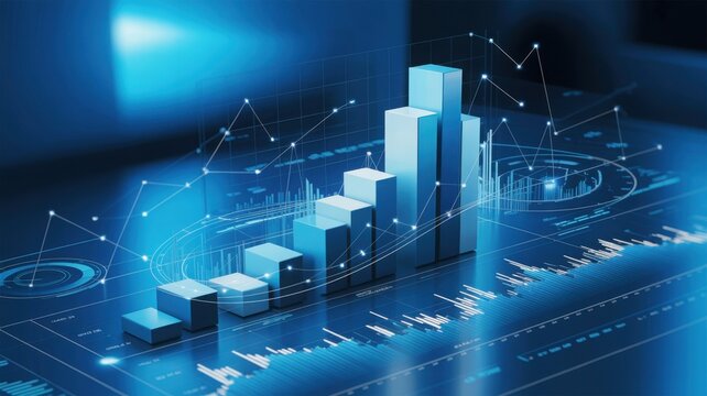 Abstract depiction of a financial growth chart, illustrating progress and statistical data. The chart, with its ascending bars, is overlaid with a network of lines and points.