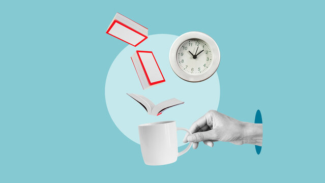 Relaxation and Reading Mood with Books, Clock, and Coffee Mug. Time Management and Study Concept. Cozy Reading Atmosphere