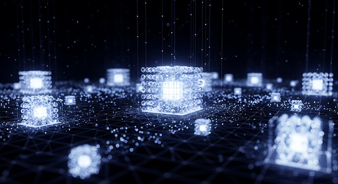 Abstract digital cubes with interconnected nodes creating complex network with data transfer on dark background representing advanced technology