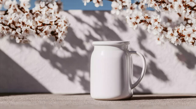 White ceramic pitcher rests on an outdoor table, encircled by dainty spring blooms and soft, organic shadows