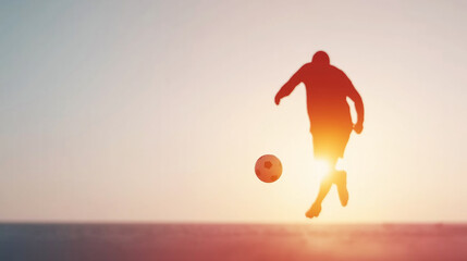 Silhouette soccer player juggling ball, demonstrating skill and passion against a vibrant sunset sky