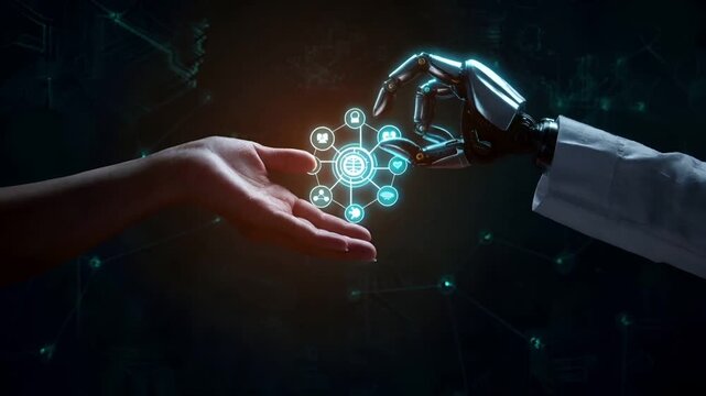 human hand reaching out to touch digital interface with holographic icons.