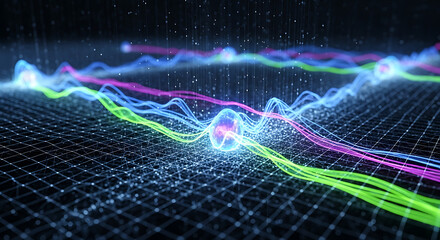 Abstract Artificial Intelligence Data Stream with Nodes and Waves on Grid Technology Connection and Transfer Information Background