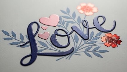 Elegant calligraphy spelling love with floral and heart accents