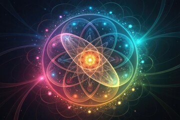 Obraz premium Colorful Abstract Representation of Atomic Structure in a Cosmic Setting