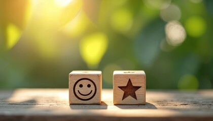 Two wooden cubes on table with face, star rating. Customer satisfaction concept with happy emoticon, five star review. Product evaluation, feedback symbol on wooden block. Business, client experience