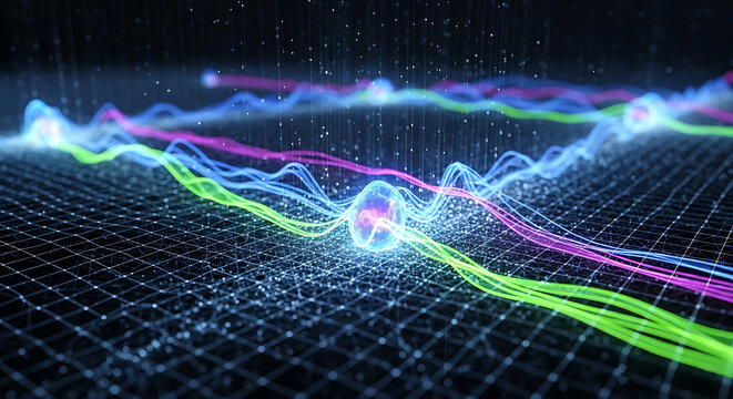 Abstract Artificial Intelligence Data Stream with Nodes and Waves on Grid Technology Connection and Transfer Information Background