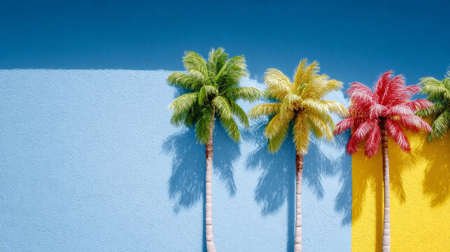 Vibrant palm trees against colorful 80s retro wall and blue sky, summer vacation minimal design