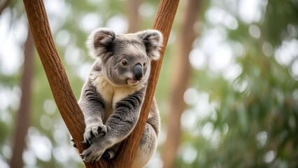Cute koala sitting on a eucalyptus branch, soft morning light,