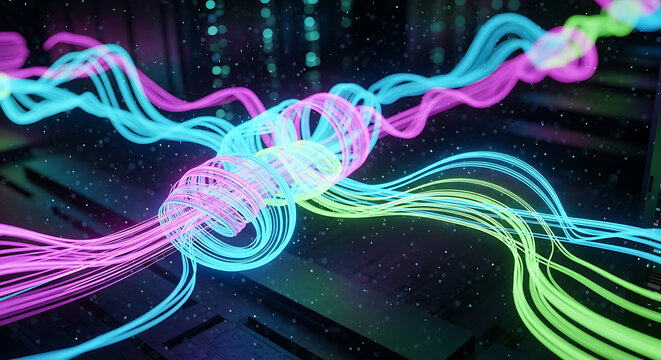 Abstract Wavy Lines and Geometric Shapes in Neon Colors Floating on Dark Background for Futuristic Digital Art Design and Technology