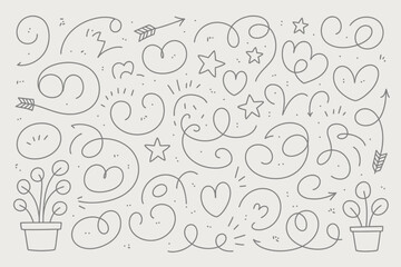 Hand Drawn Doodle Elements with Plants and Hearts sketch