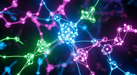 Abstract Network Connection Background with Molecular Structure and Nodes for Data Transfer or Artificial Intelligence Concept with Neon Colors