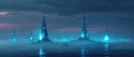 Mystical Cityscape - Illuminated Towers Emerging from Foggy Waters, Nighttime Scene.