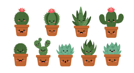 A cheerful collection of cute cartoon potted cacti and succulents, each with a happy face, isolated on a white background.