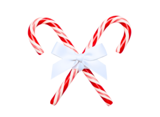 Two candy canes tied together with a white bow isolated on transparent background