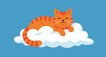 Fototapeta premium An adorable striped orange cat happily smiles and rests comfortably on a soft white cloud in a peaceful blue sky.