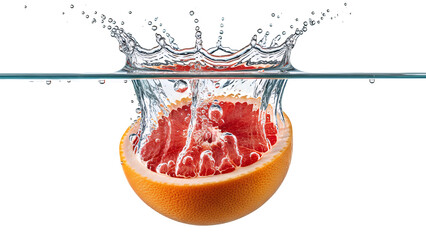 Fresh grapefruit half making a vibrant splash into clear water, creating a dynamic crown effect, captured in crisp detail and isolated on transparent background, symbolizing freshness