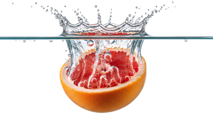 Fresh grapefruit half making a vibrant splash into clear water, creating a dynamic crown effect, captured in crisp detail and isolated on transparent background, symbolizing freshness