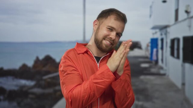Man prisoner in orange jumpsuit 3825 smiling with bare hands pressed together clapping on seaside street promenade; cheerful redemption.