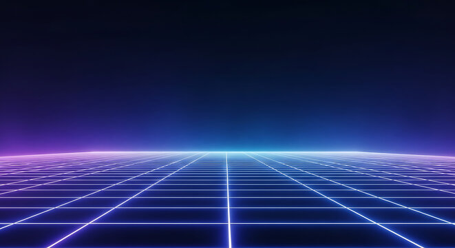 Vaporwave Style Grid Landscape with Glowing Neon Lines in Purple and Blue, Retro 80s Inspired Abstract Background for Technology and Design