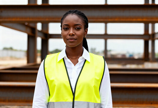 Confident Black female engineer at a construction site. Professional industrial worker wearing a safety vest looking at the camera. Women in the workforce and diversity concept