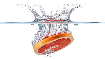Vibrant grapefruit slice dramatically plunging into clear water, creating a spectacular crown splash with high clarity and detail, isolated on transparent background for refreshing design elements