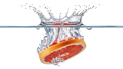 Vibrant grapefruit slice dramatically plunging into clear water, creating a spectacular crown splash with high clarity and detail, isolated on transparent background for refreshing design elements