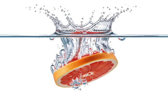 Vibrant grapefruit slice dramatically plunging into clear water, creating a spectacular crown splash with high clarity and detail, isolated on transparent background for refreshing design elements