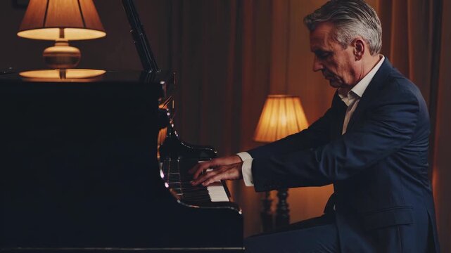 Elegant pianist performs in cozy ambient setting. Sophisticated music creates mesmerizing atmosphere. Intimate moments captured showcase artistic expression.