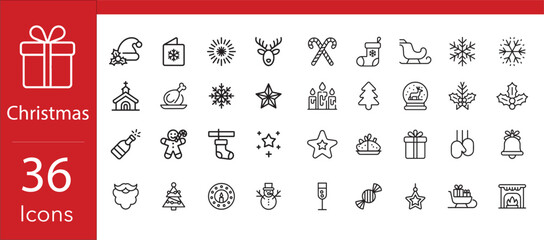 A set of 36 Christmas icons. A collection of minimalist vector outlines including a snowman, reindeer. A modern outline graphic pack for holiday UI design, web design, elements for festive stationery.
