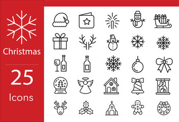 A set of 25 Christmas icons. A collection of minimalist vector outlines including a snowman, reindeer. A modern outline graphic pack for holiday UI design, web design, elements for festive stationery.