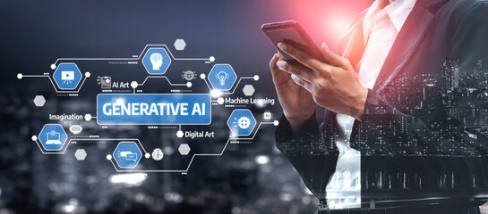 A business person interacts with a smartphone showcasing generative AI elements against a vibrant city skyline, representing the fusion of technology and creativity. Tessel