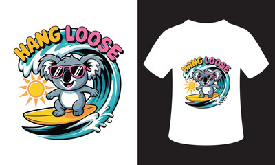 Cute cartoon koala surfing a wave with sunglasses and text hang loose © MDRAYHAN