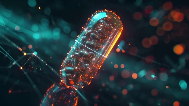 A digital artwork depicting a glowing, cylindrical object with a complex network of dots and lines. The object is illuminated with a warm, orange glow.
