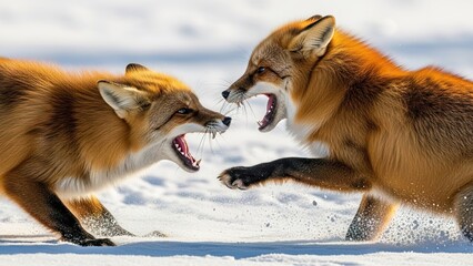 Obraz premium Two red foxes engaged in a fierce fight on a snow-covered landscape with visible teeth and aggression.