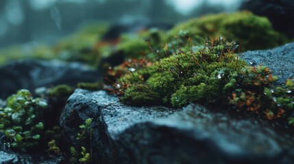 Lush Green Moss Growing on Rocks with Dew Drops in a Calm and Serene Forest Environment During a Rainy and Misty Day