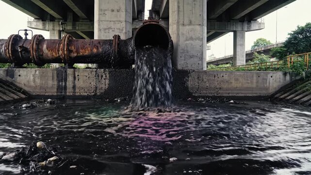 Urban Water Discharge from Rusted Pipe under Overpass with Reflections and