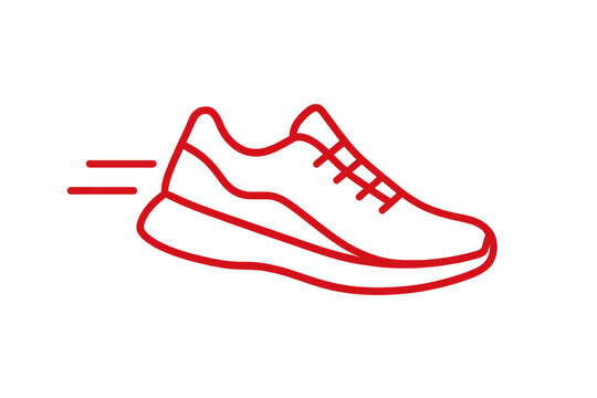 Red running shoe icon with speed lines isolated on transparent background.