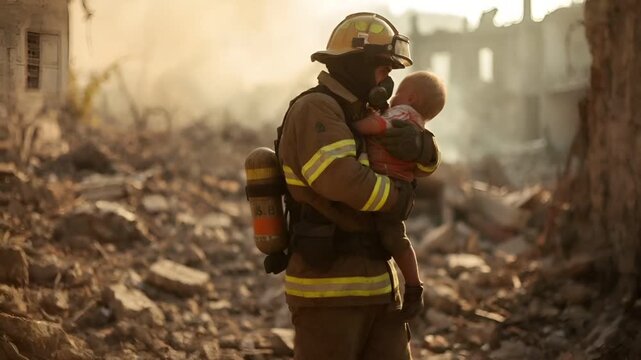 A firefighter holds a child amidst the aftermath of a devastating fire, with smoke billowing in the background. The firefighter is wearing a helmet with a protective visor.