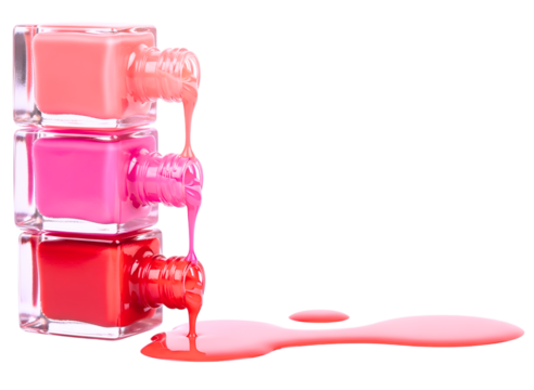 Stack of three colorful nail polish bottles with dripping polish isolated on transparent background - Powered by Adobe
