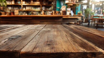 Obraz premium The warm wooden surface of a bar top stands in focus while behind it shelves stocked with various drinks and a bustling cafe environment create a lively evening scene.