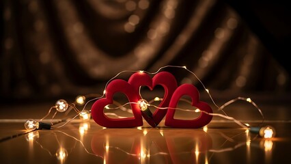 Three red heart shapes with warm fairy lights on table