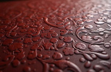 Deep red textured surface features embossed floral pattern. Includes leaves, flowers, swirling vines on leather like material. Creates vintage luxury background, classic elegant decoration backdrop