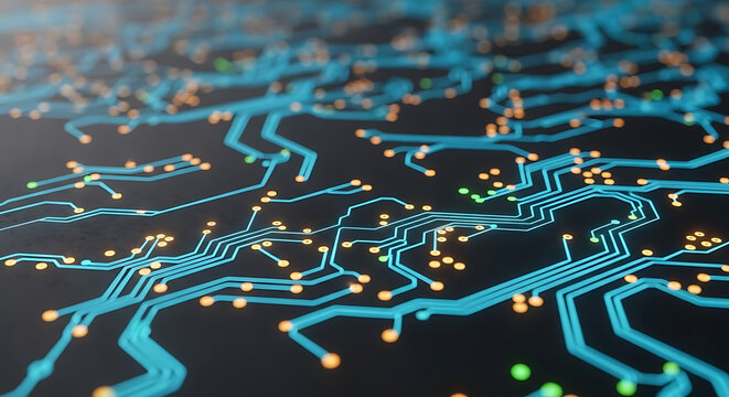 Abstract Microchip Circuit Board Motherboard Background Glowing Nodes Connected by Lines Artificial Intelligence Neural Network Quantum Processor Design