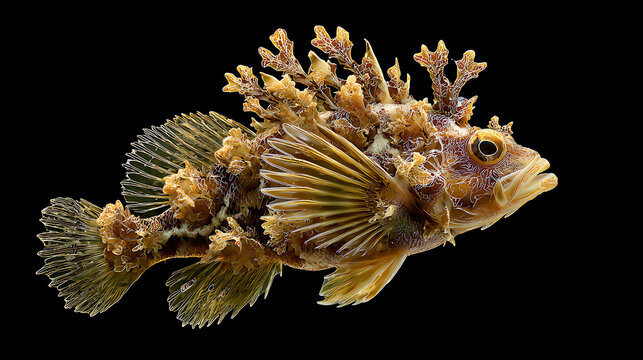 Ornate marine sculpin fish with intricate camouflage fins isolated on a black background