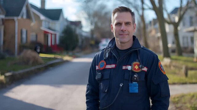 A man in a police uniform stands on a residential street. He is wearing a blue jacket with various patches and badges, including a badge with a red star.