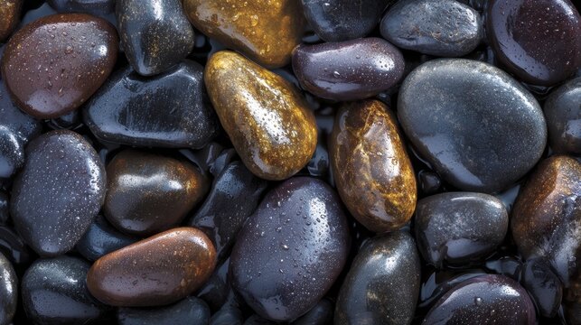 Smooth black and brown river stones with wet surfaces reflecting light on a natural background for serene and peaceful landscape designs