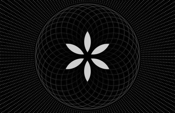 Seed Flower of life torus lotus icon, logo mandala sacred geometry, symbol of harmony and balance. Mystical talisman, white dots circles vector isolated on black background